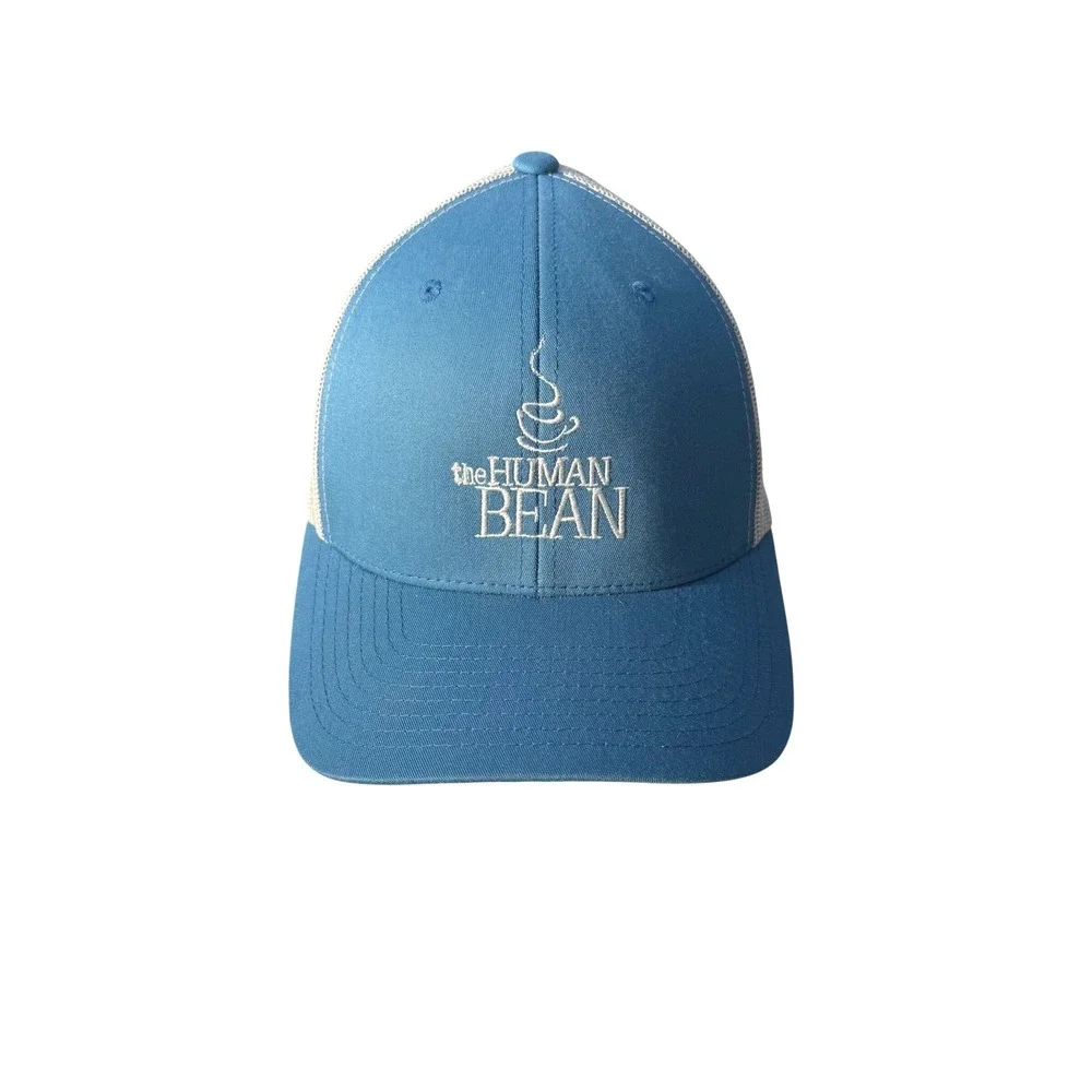 Human Bean Coffee Logo Steel Blue White Retro Trucker Hat Snapback Curved‎ Visor